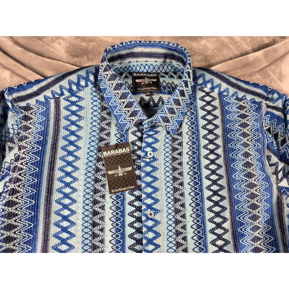 Barabas Blue Geometric Zigzag Jacquard‎ Knitted Button Up Shirt Mens XXL NEW